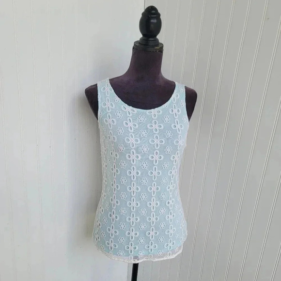 Jennifer Lopez Tank Top White Aqua Blue Back Button Keyhole Eyelet Sleeveless XS - Picture 1 of 12